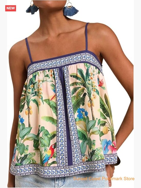 Tops - Tropical Floral Print Cami Top Spaghetti Strap Boho Vacation